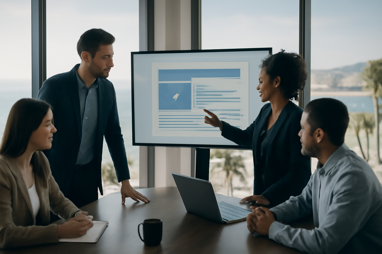 Équipe d'agence web dynamique à Nice, avec vue sur la mer.