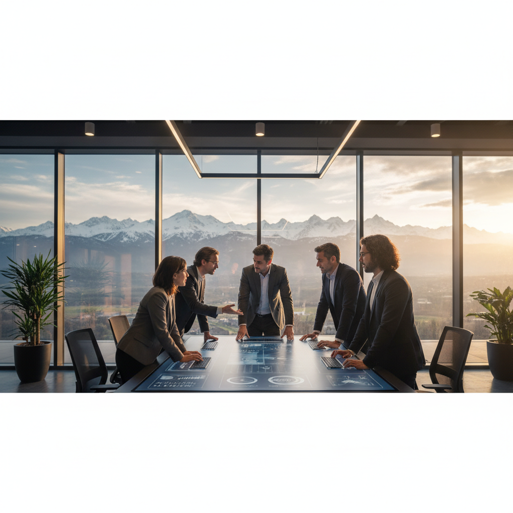 Équipe d'agence web dynamique travaillant à Pau, vue sur les Pyrénées.