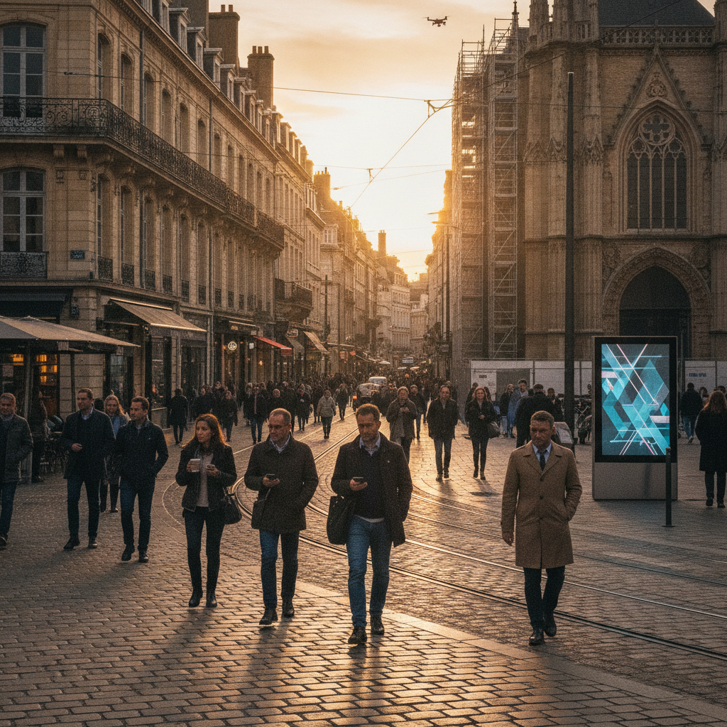 Ruelle animée d'Amiens au coucher du soleil, ambiance urbaine et digitale.