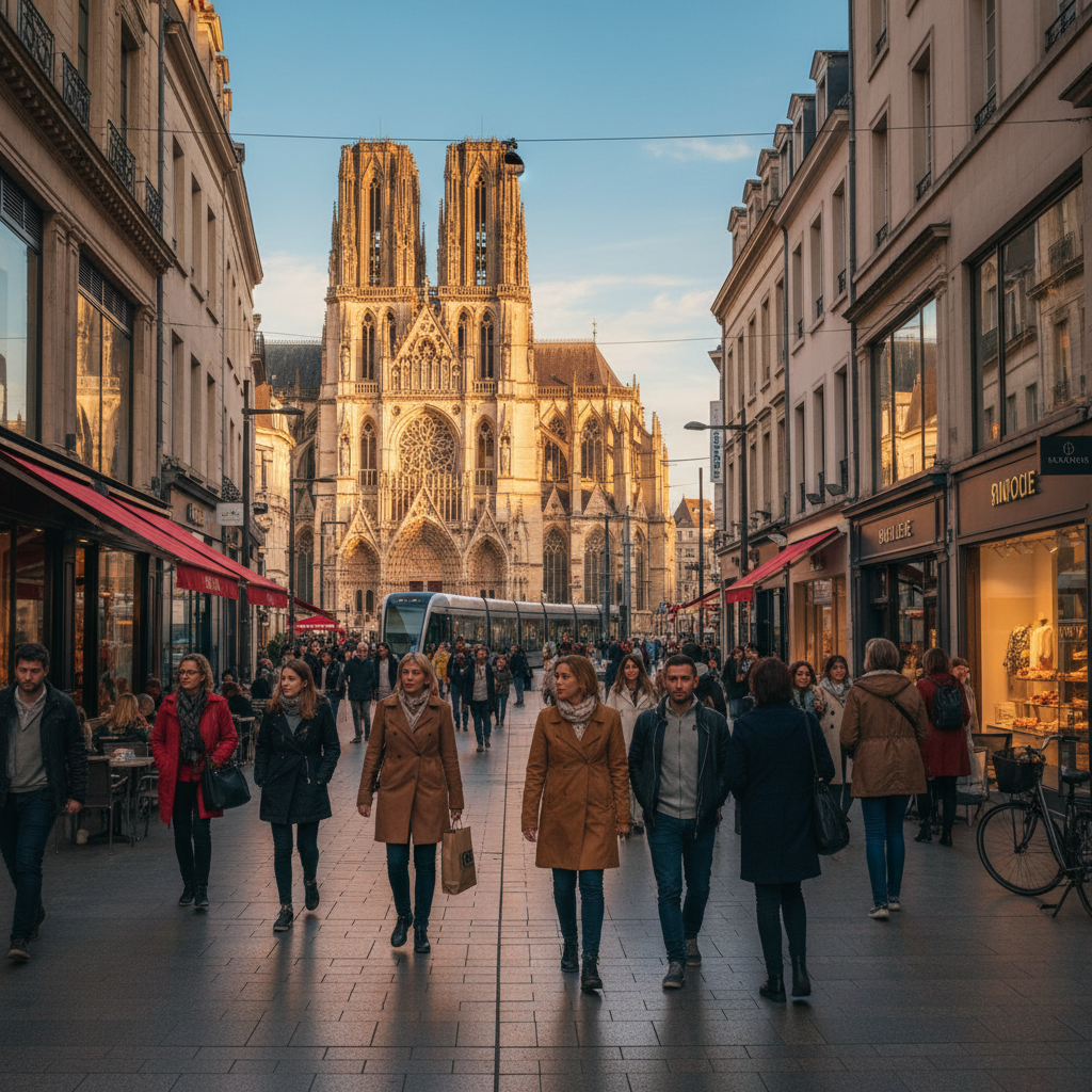 Vue animée d'une rue commerçante d'Amiens avec la cathédrale.