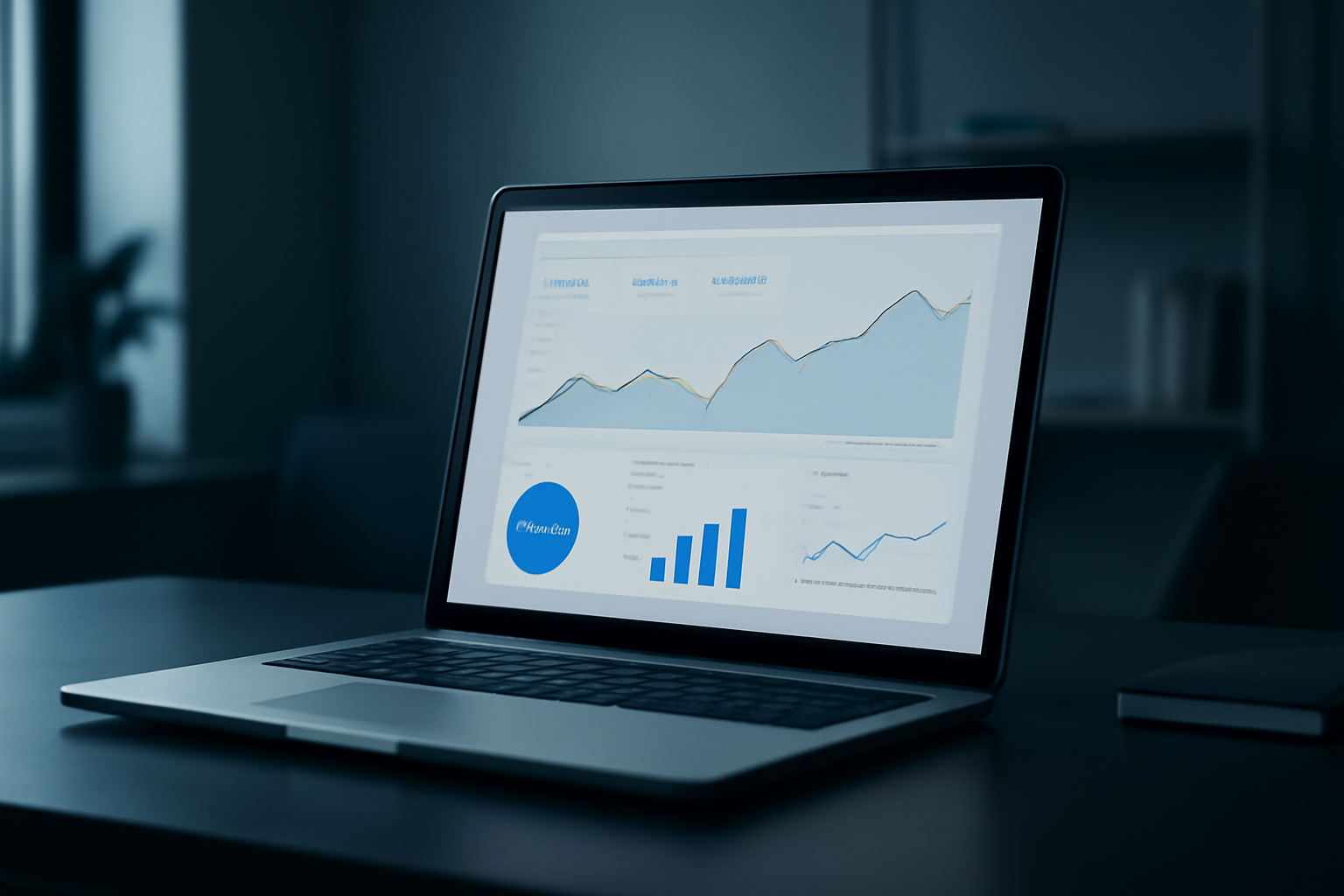 Tablette affichant des statistiques d'analyse web sans cookies, dans un bureau moderne.