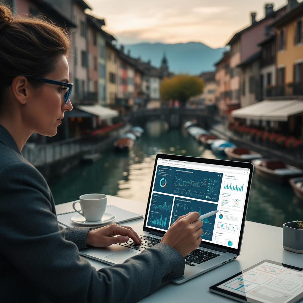 Designer web analysant des données de conversion avec Annecy en arrière-plan.