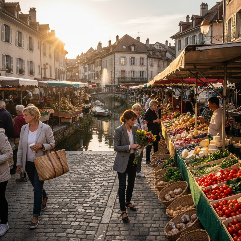 Marché animé et canaux dans la vieille ville d'Annecy