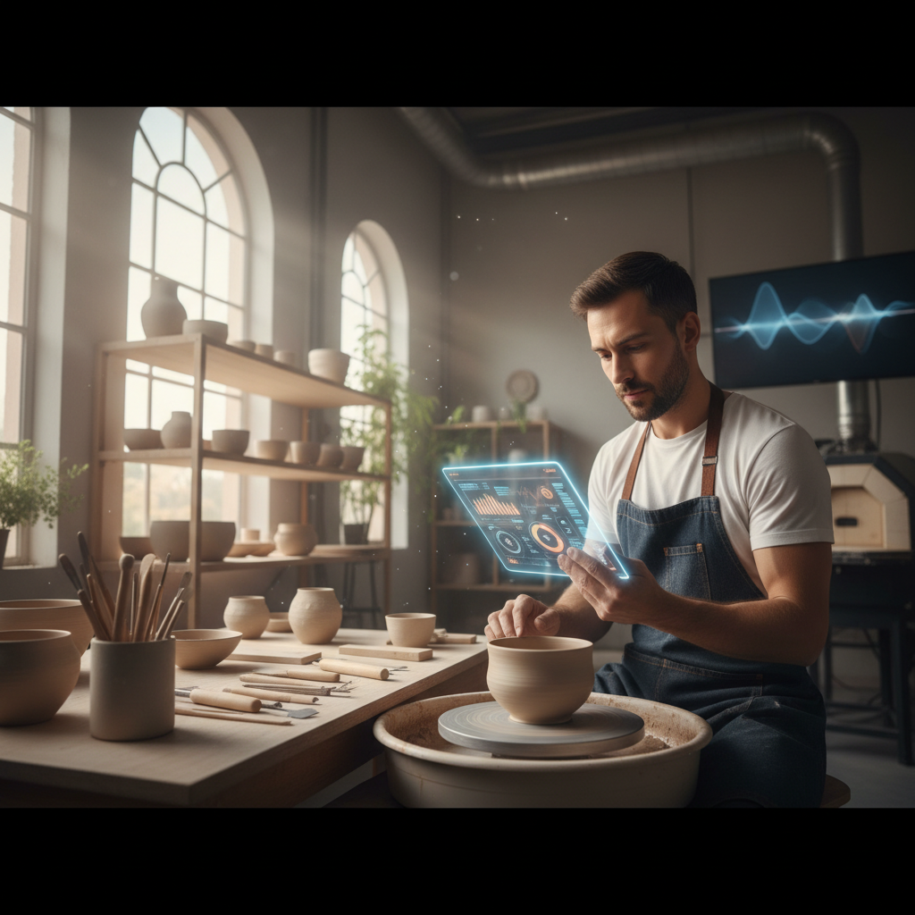 Artisan utilisant une tablette dans son atelier, mêlant tradition et technologie.