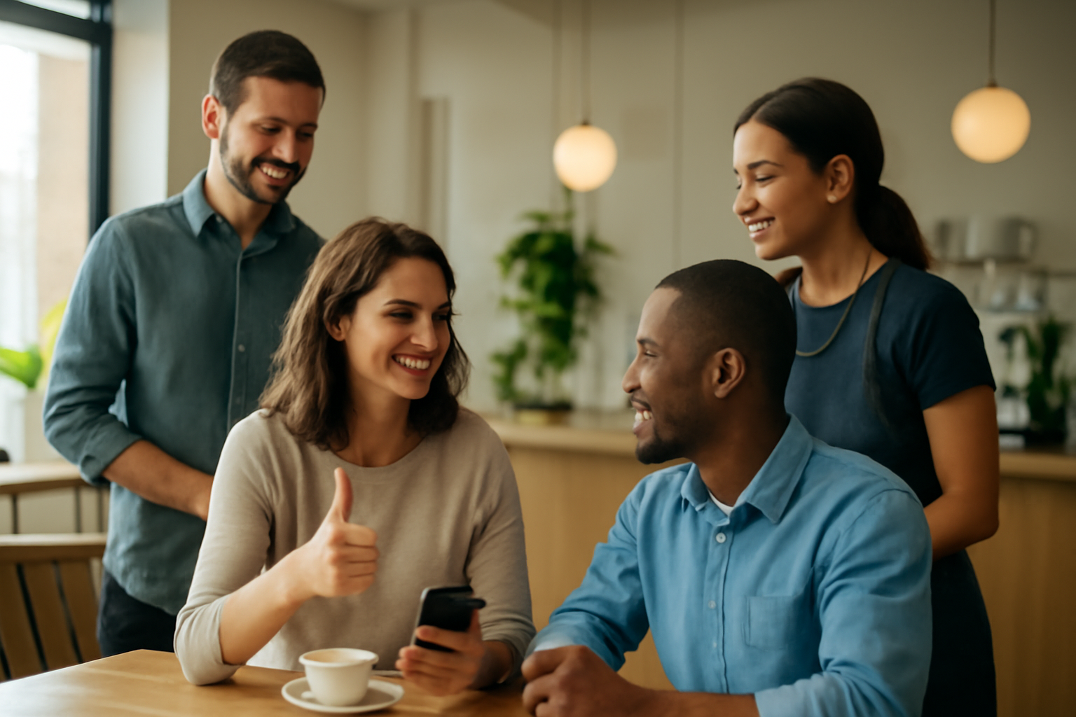 Une entrepreneuse et sa cliente discutant avec satisfaction dans un café moderne.