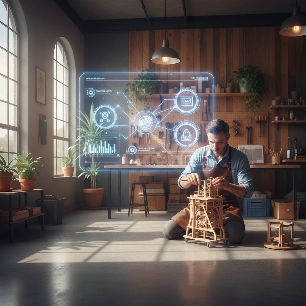 Artisan travaillant, interface holographique illustrant l'automatisation de tâches.