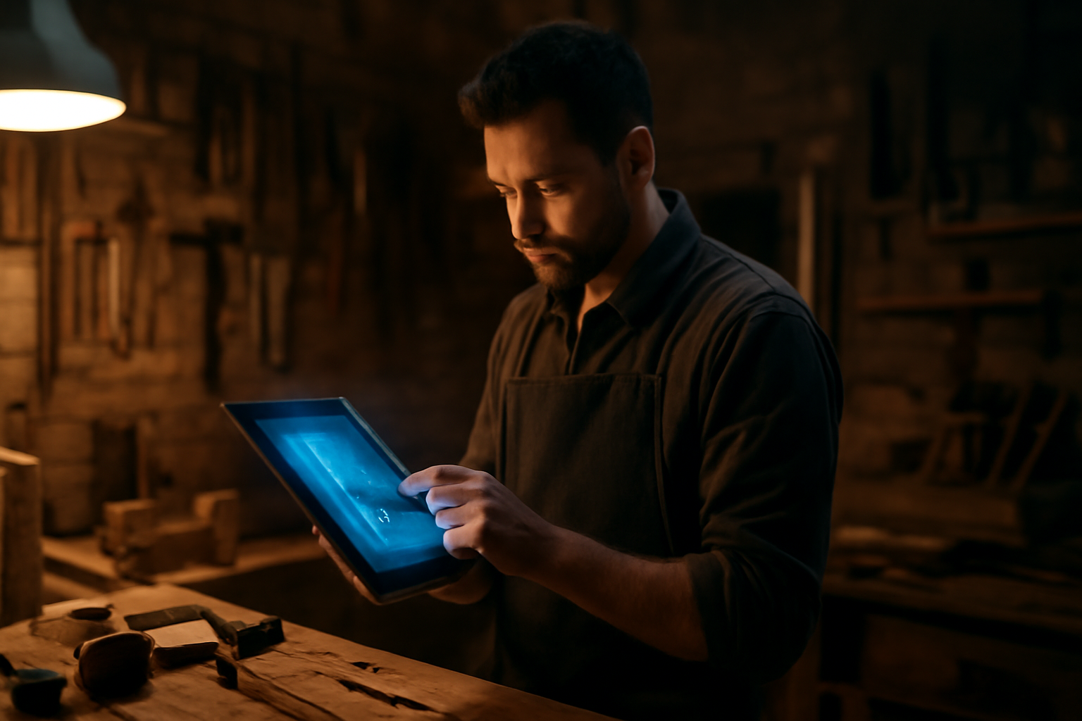 Un artisan utilise une tablette IA dans son atelier moderne et traditionnel moderne.