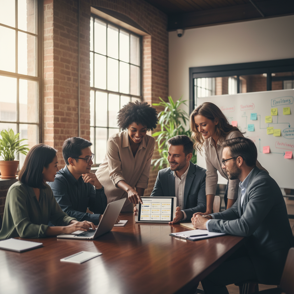 Entrepreneurs diversifiés et consultant analysant des avis clients sur tablette.