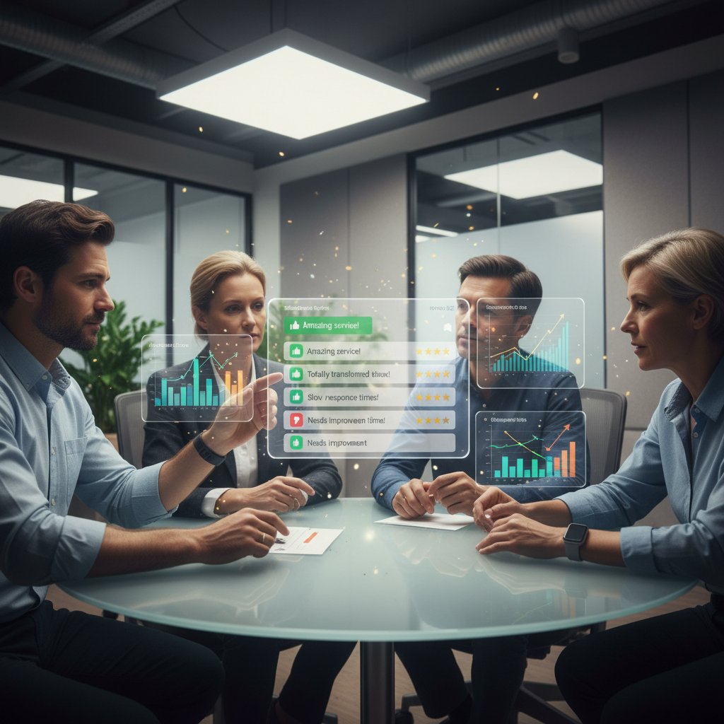 Groupe diversifié analysant des avis clients holographiques sur des écrans lumineux.