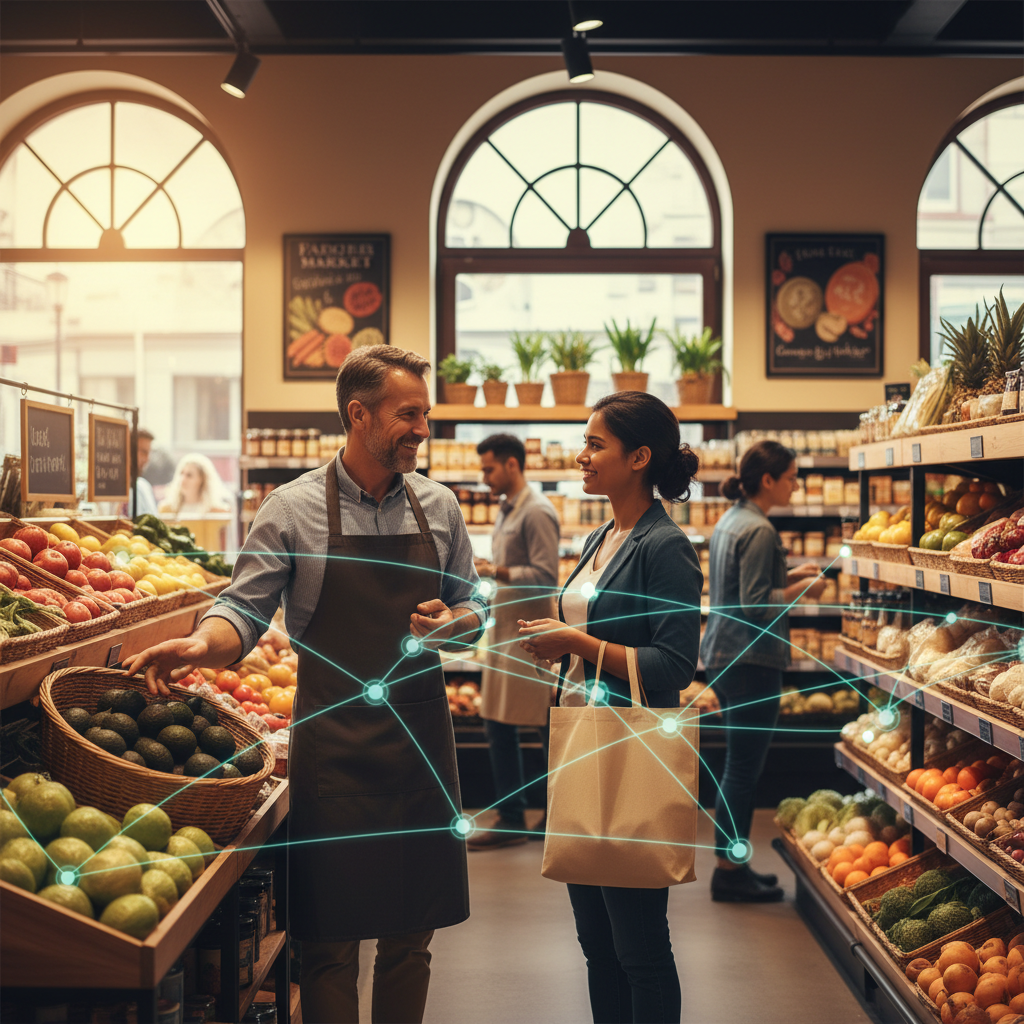 Une épicerie bio animée avec des lignes lumineuses symbolisant les backlinks locaux.