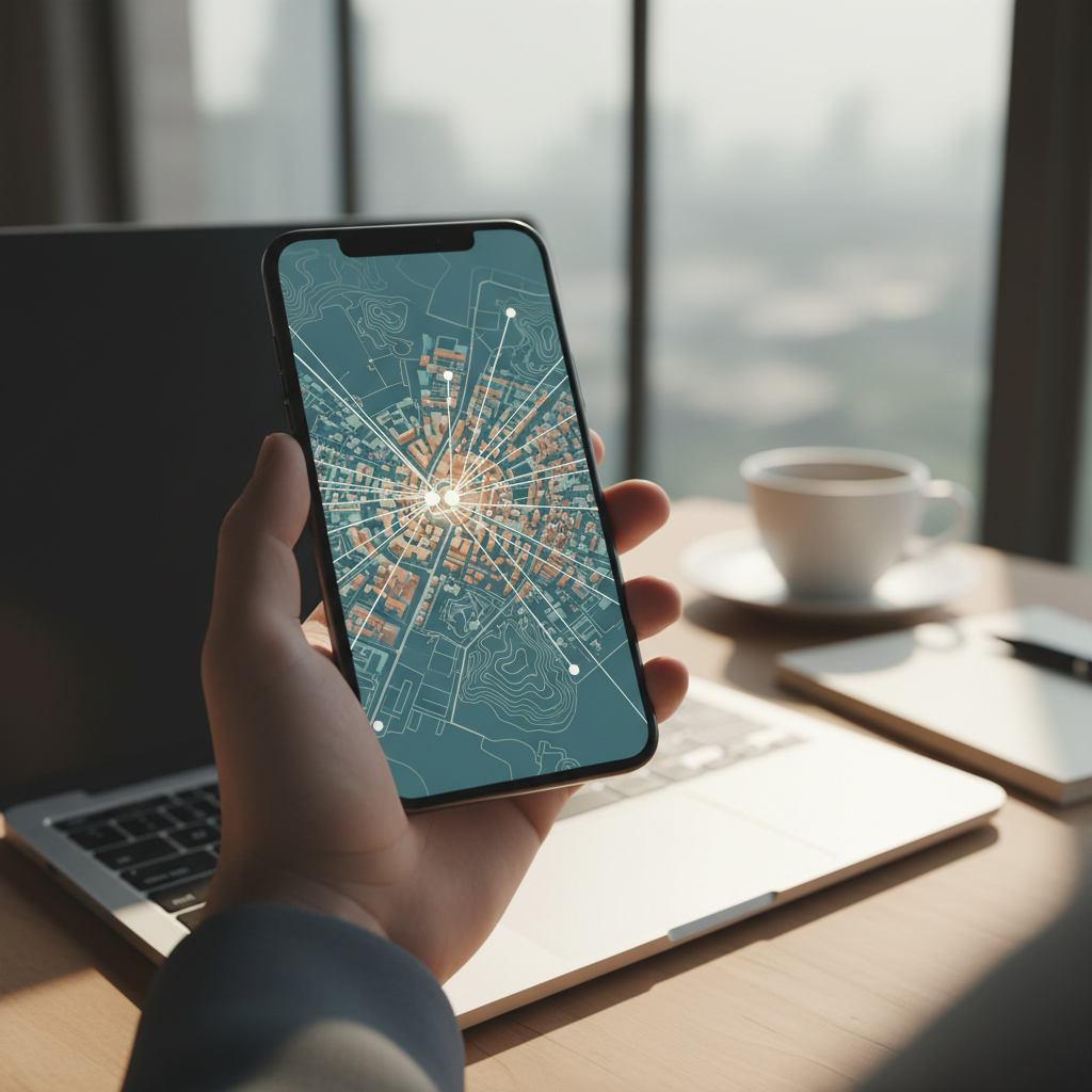 Une carte des environs sur un smartphone, symbolisant le SEO local et la recherche de liens.