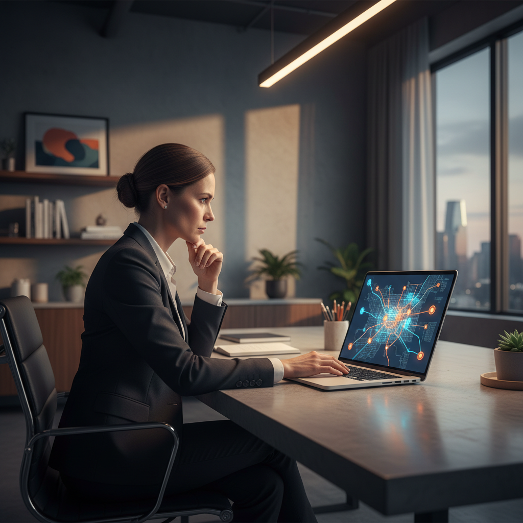 Une entrepreneure examine des backlinks locaux sur son ordinateur portable.