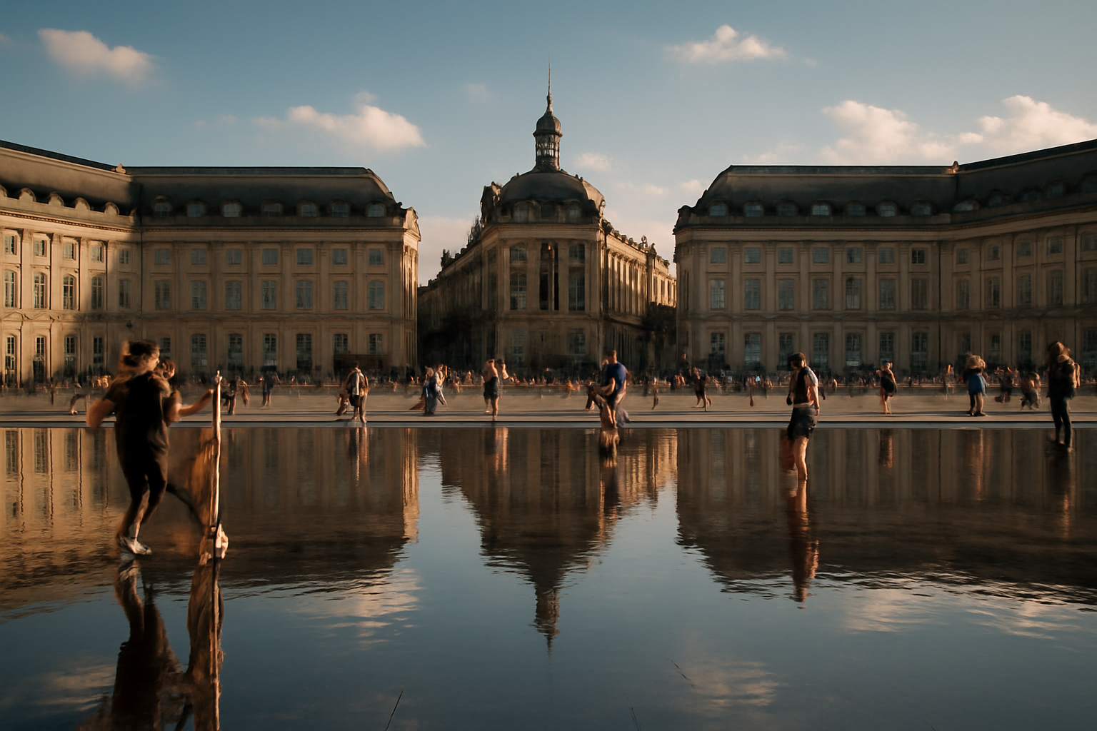 Vue panoramique du Miroir d'eau à Bordeaux, un jour ensoleillé.