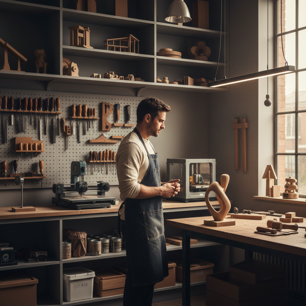 Un artisan dans son atelier, contemplant une sculpture en bois.