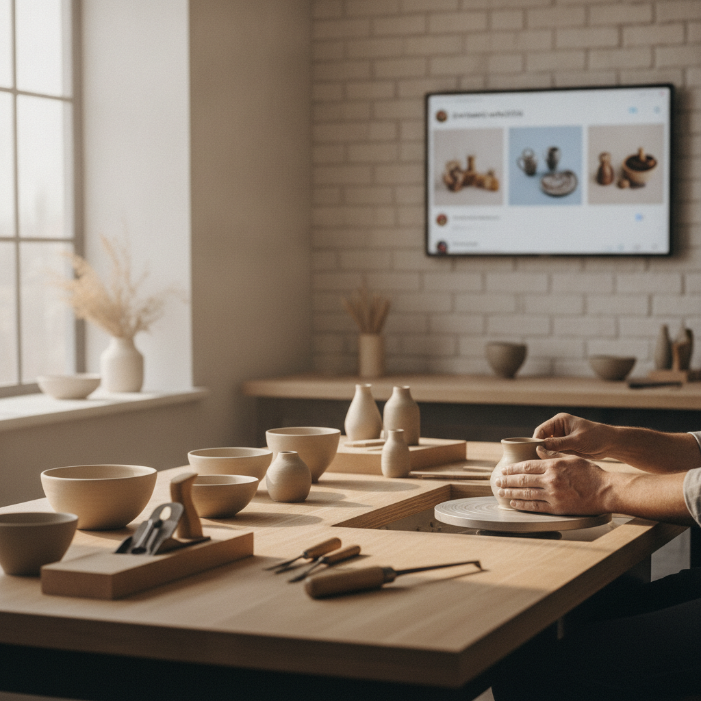Un atelier d'artisan moderne avec des outils, des objets faits main et une tablette.