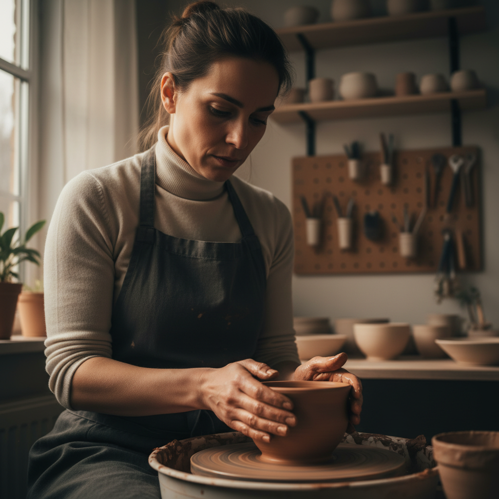 Main d'artisan travaillant un matériau naturel, ambiance studio lumineuse.