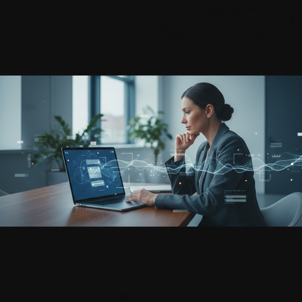 Interface de chatbot IA sur ordinateur portable avec dirigeant de PME.