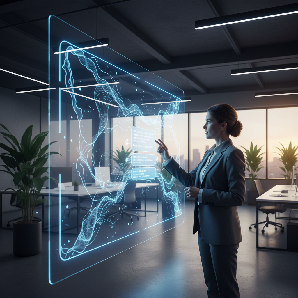 Propriétaire d'entreprise interagissant avec un chatbot IA sur un écran transparent.
