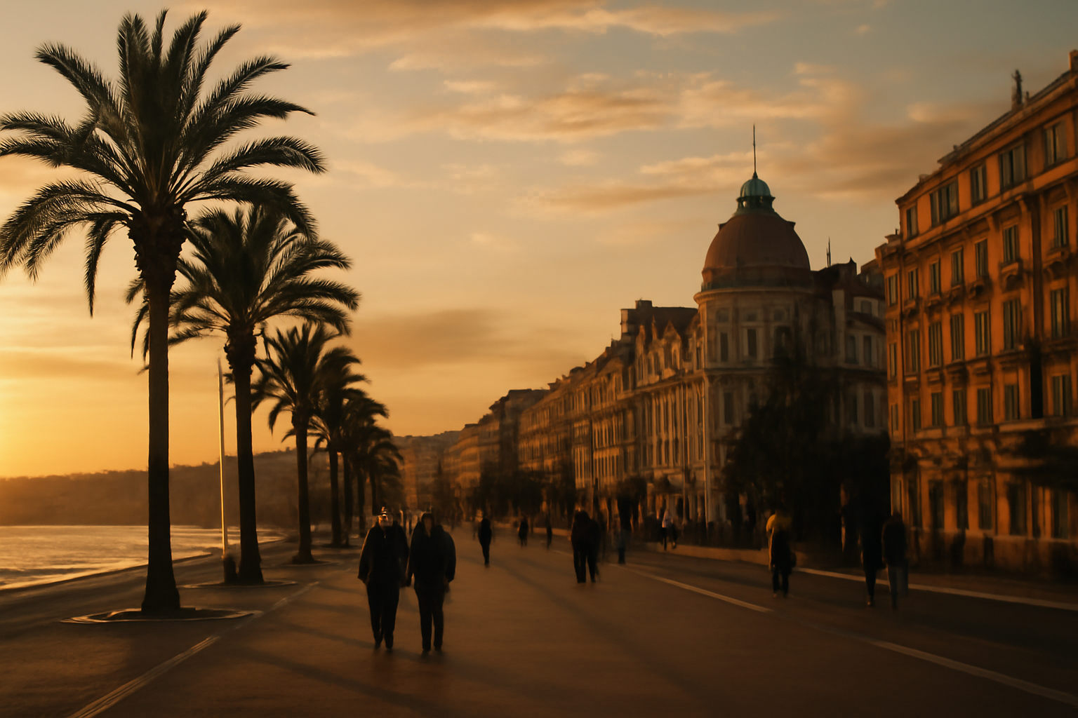Vue cinématographique de la Promenade des Anglais à Nice au coucher du soleil