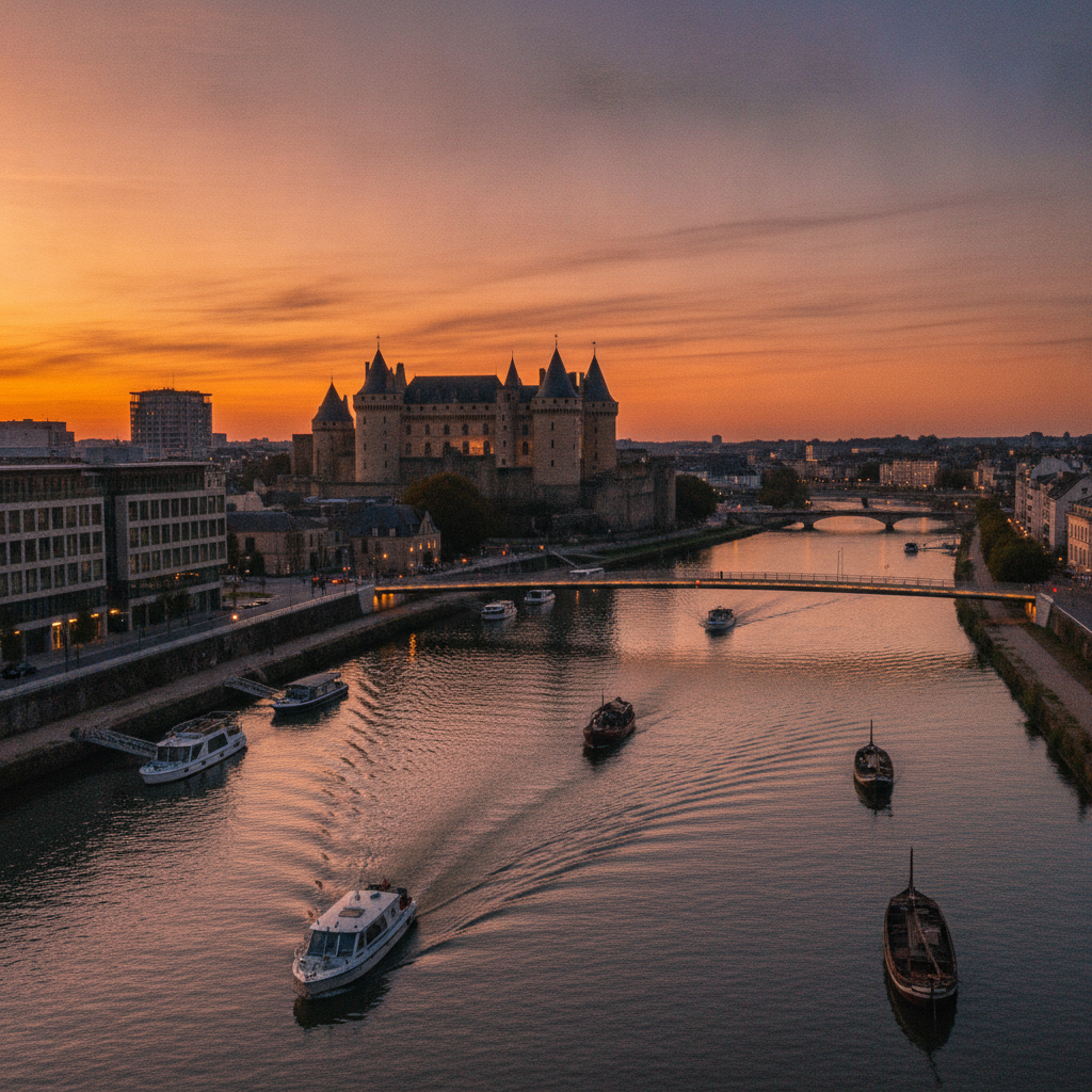 Château d'Angers et bords de Maine au coucher du soleil.