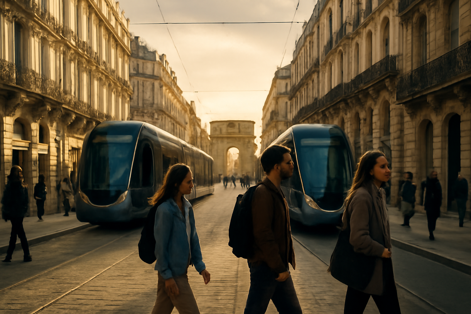 Vue animée d'une rue commerçante à Montpellier, Occitanie.