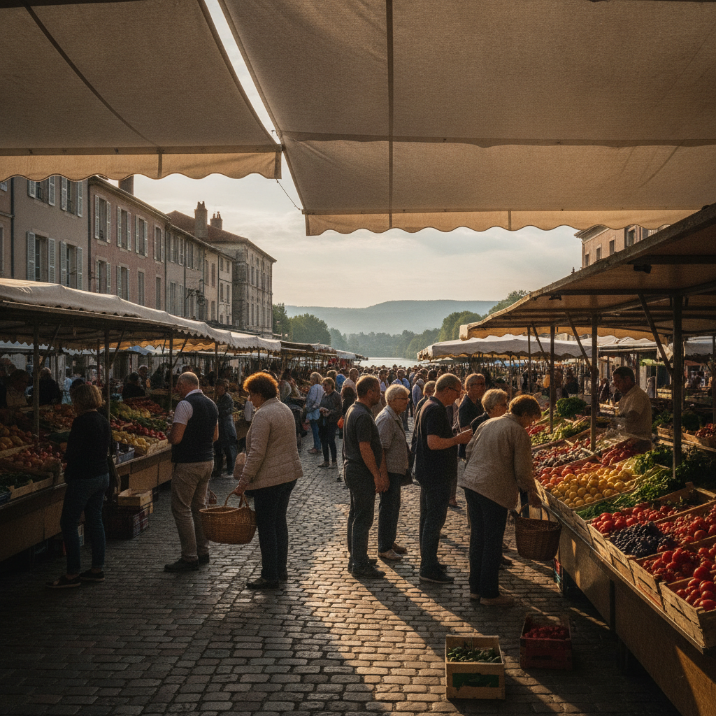 Scène de marché animée à Valence, vue sur le Rhône.