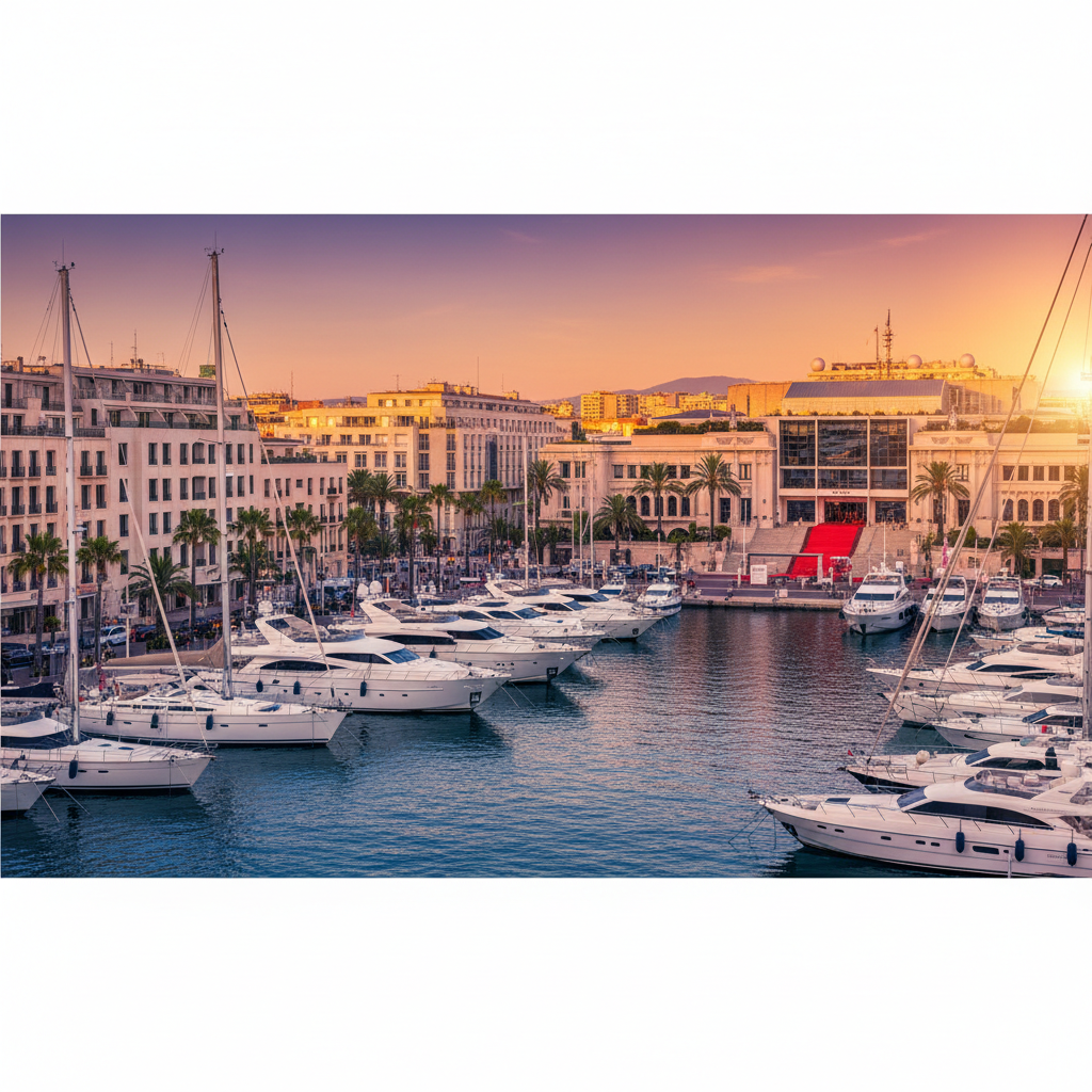 Vue panoramique de la Croisette à Cannes au coucher du soleil.