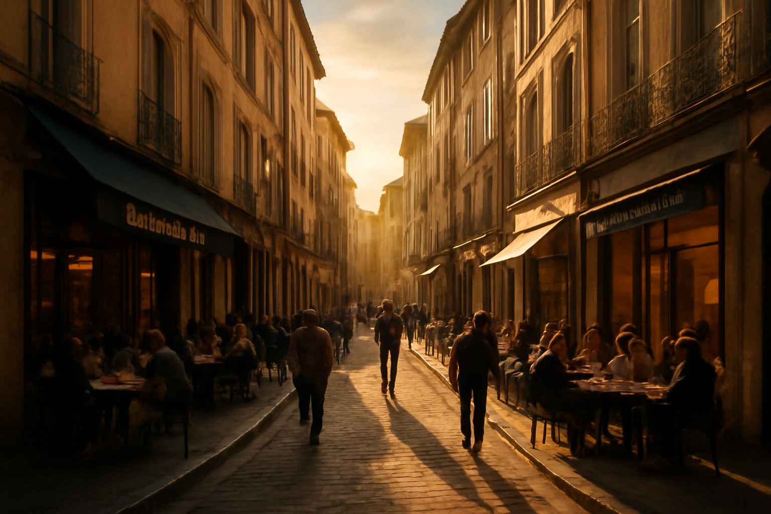 Ruelle animée à Aix-en-Provence, soleil couchant, terrasses de café