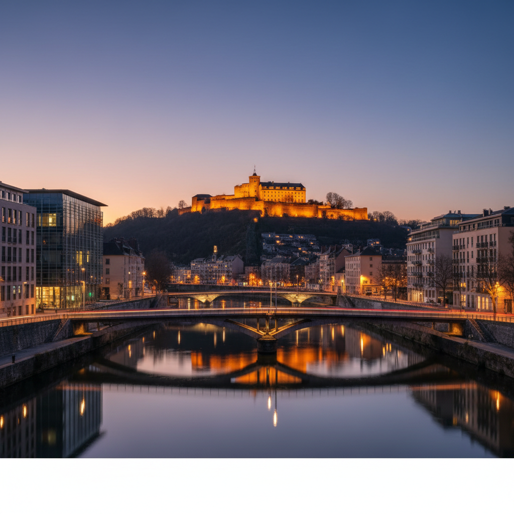 Besançon au crépuscule avec la Citadelle illuminée.
