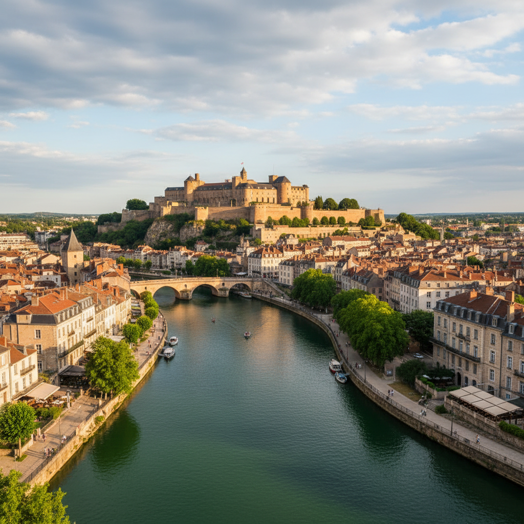 Vue panoramique de Besançon avec la Citadelle et le Doubs au coucher du soleil.