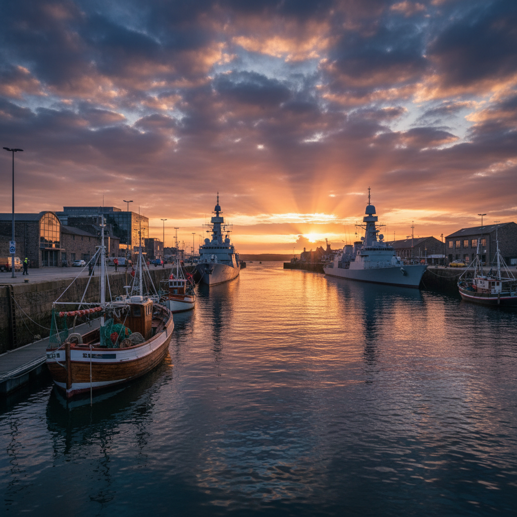 Le port de commerce de Brest au coucher du soleil.