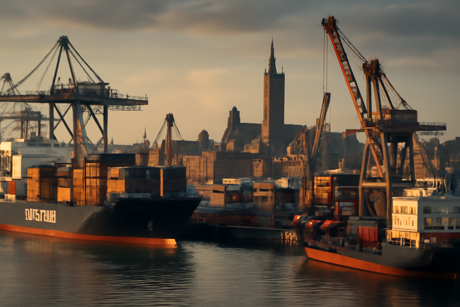 Port industriel de Dunkerque, cargos et grues sous ciel nuageux.