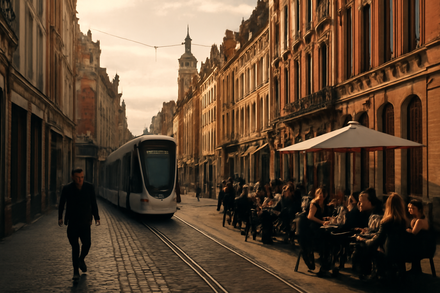 Rue animée de Lille avec tramway et architecture typique.