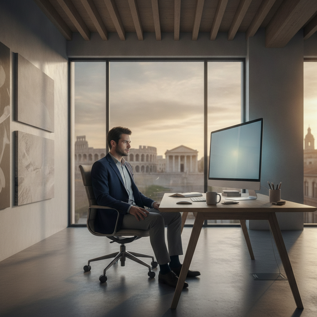 Une personne travaille confortablement dans un bureau moderne avec Nîmes en arrière-plan.