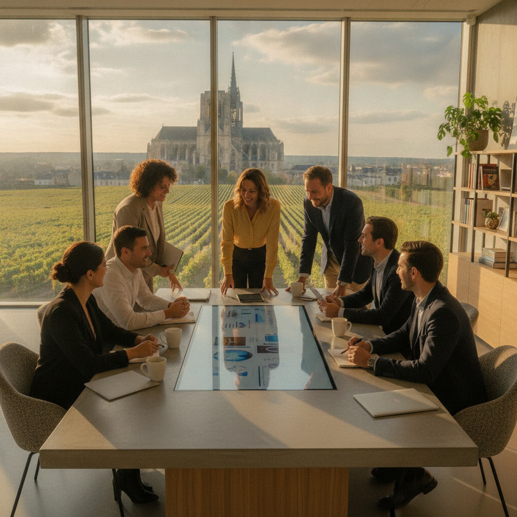 Vue du bureau d'une agence web à Reims avec la cathédrale en fond.