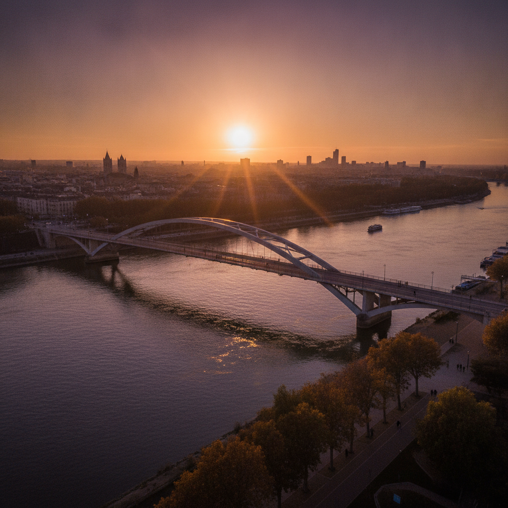 Pont des Lônes sur le Rhône à Valence au coucher du soleil.