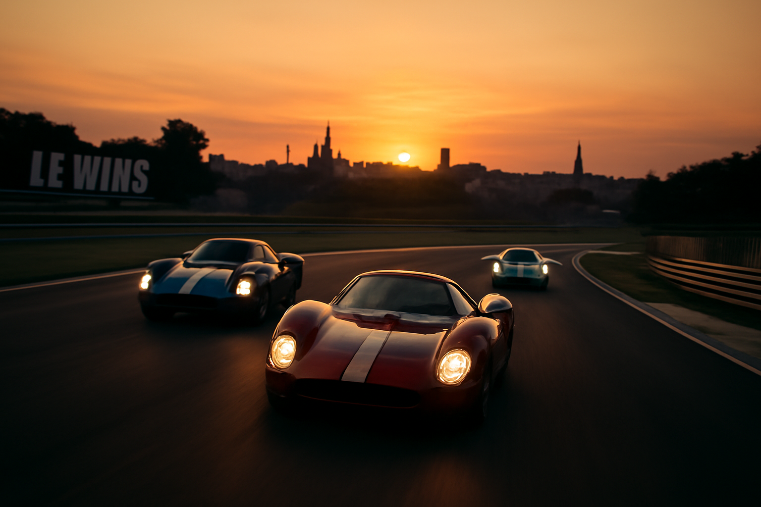 Vue aérienne iconique du circuit des 24 Heures du Mans au coucher du soleil.