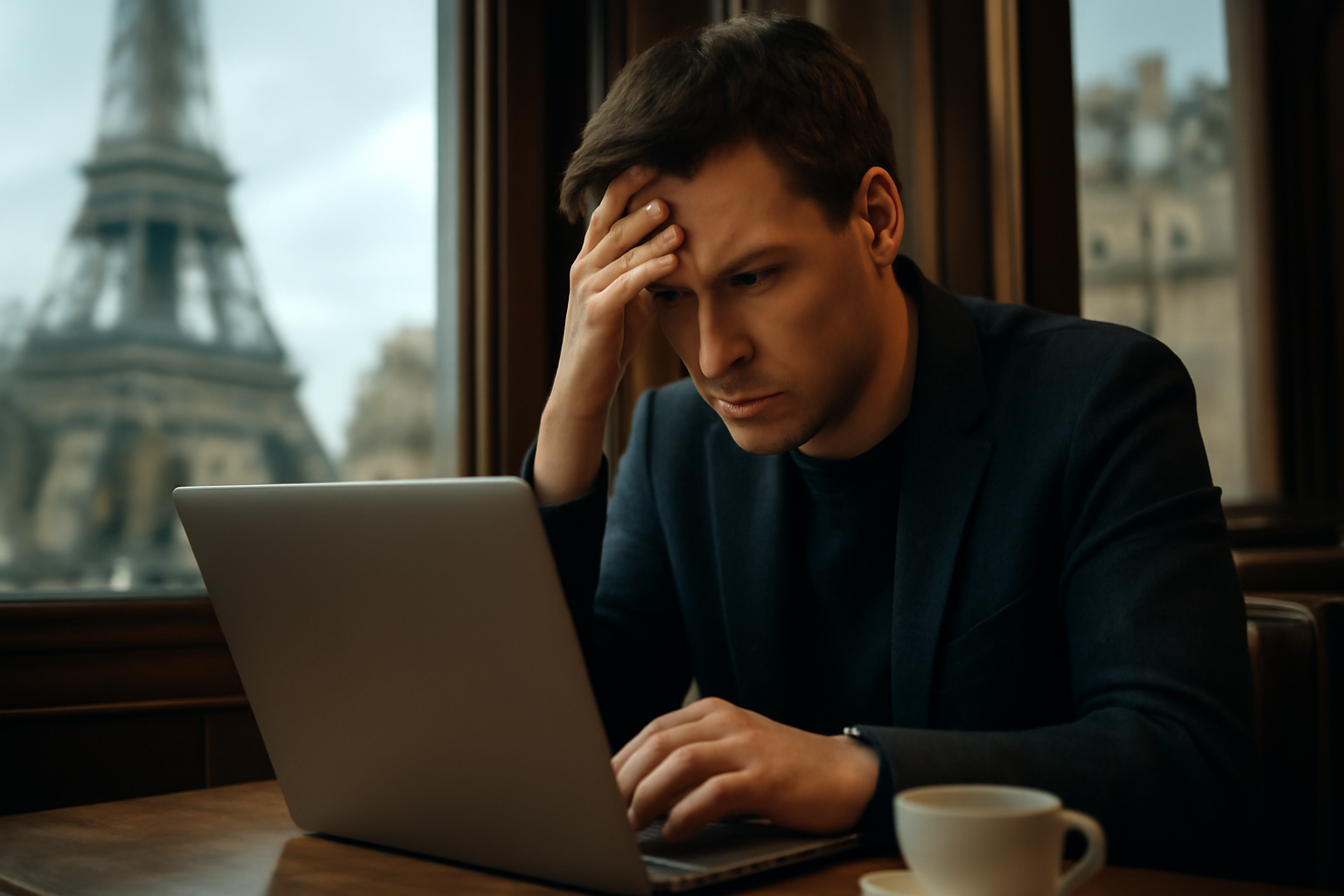 Person frustrée devant son ordinateur dans un café parisien.