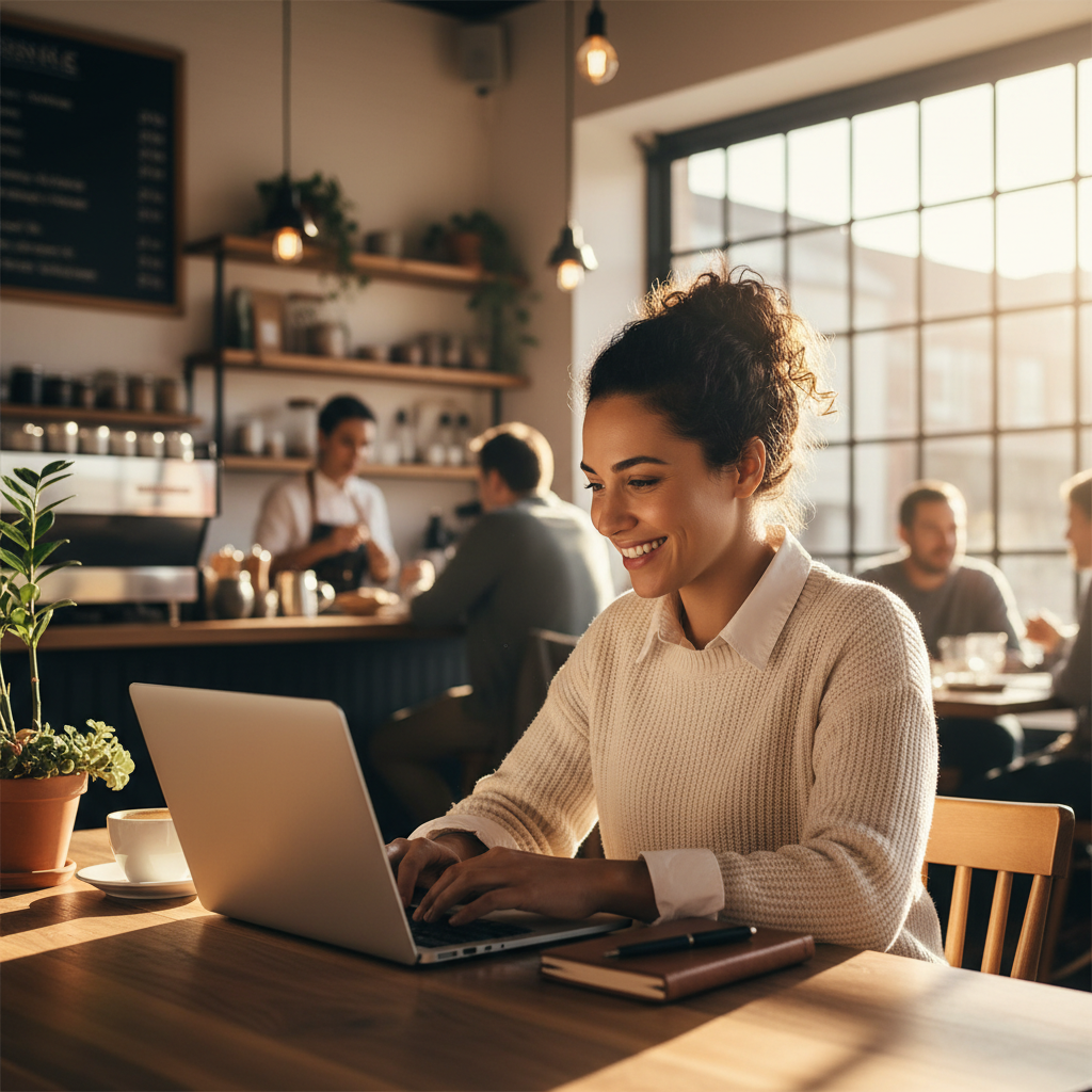 Entrepreneure souriante travaillant sur un ordinateur portable dans un café local.