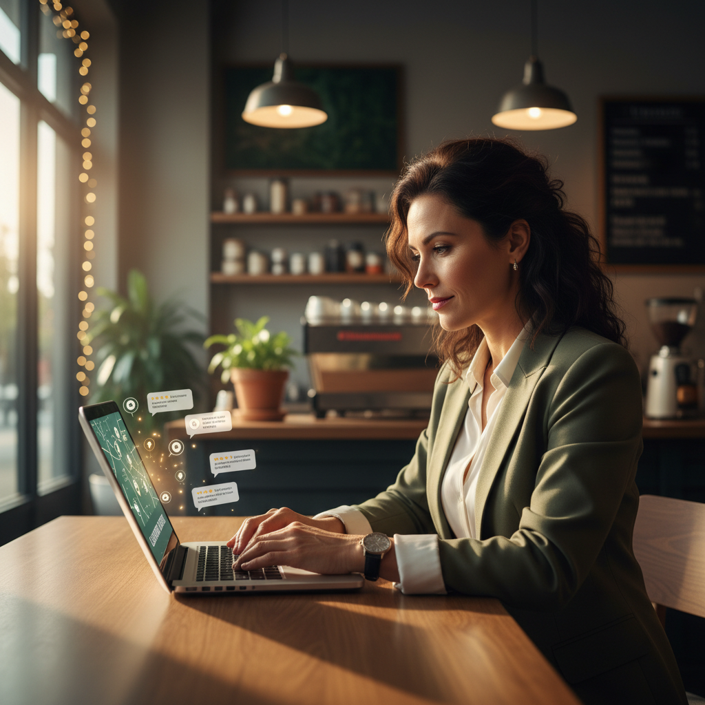 Femme entrepreneure regardant des avis clients locaux sur un ordinateur portable.