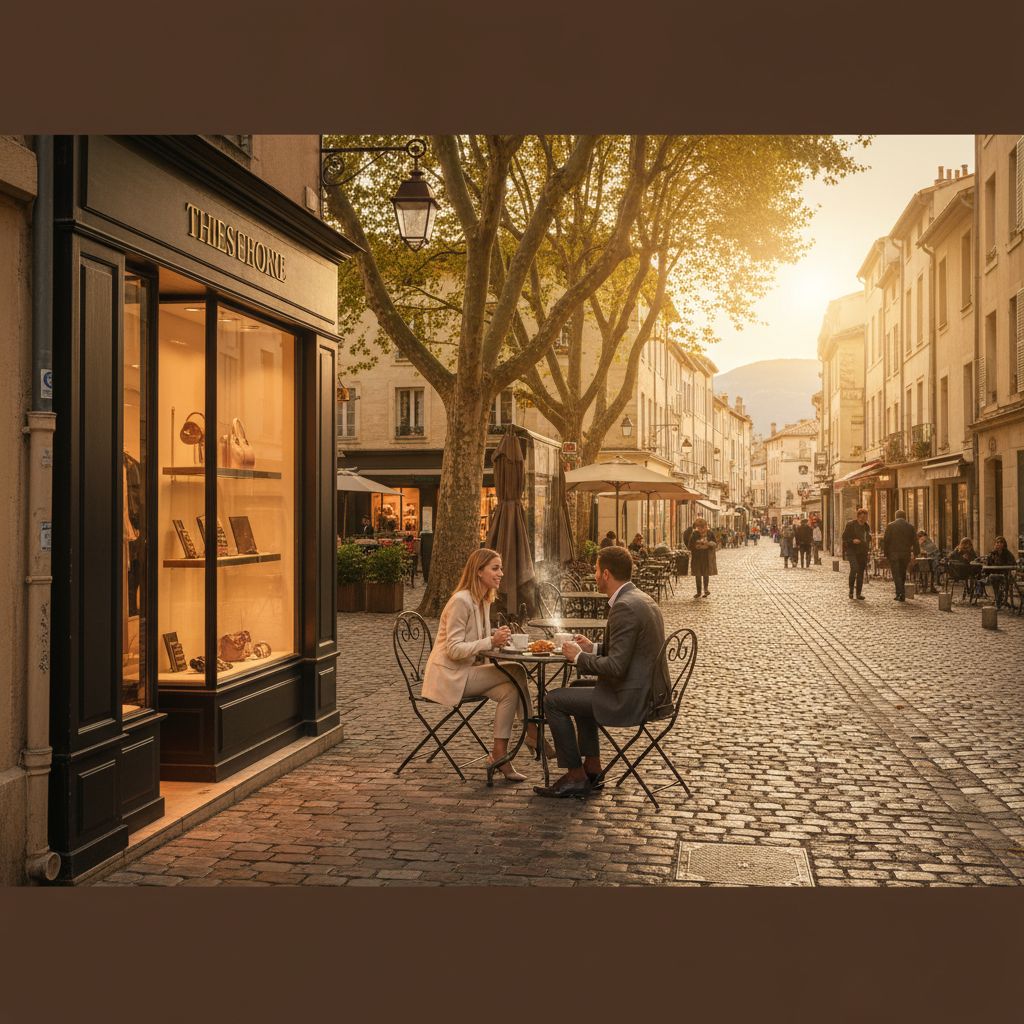 Rue pavée ensoleillée à Aix-en-Provence avec cafés et boutiques.