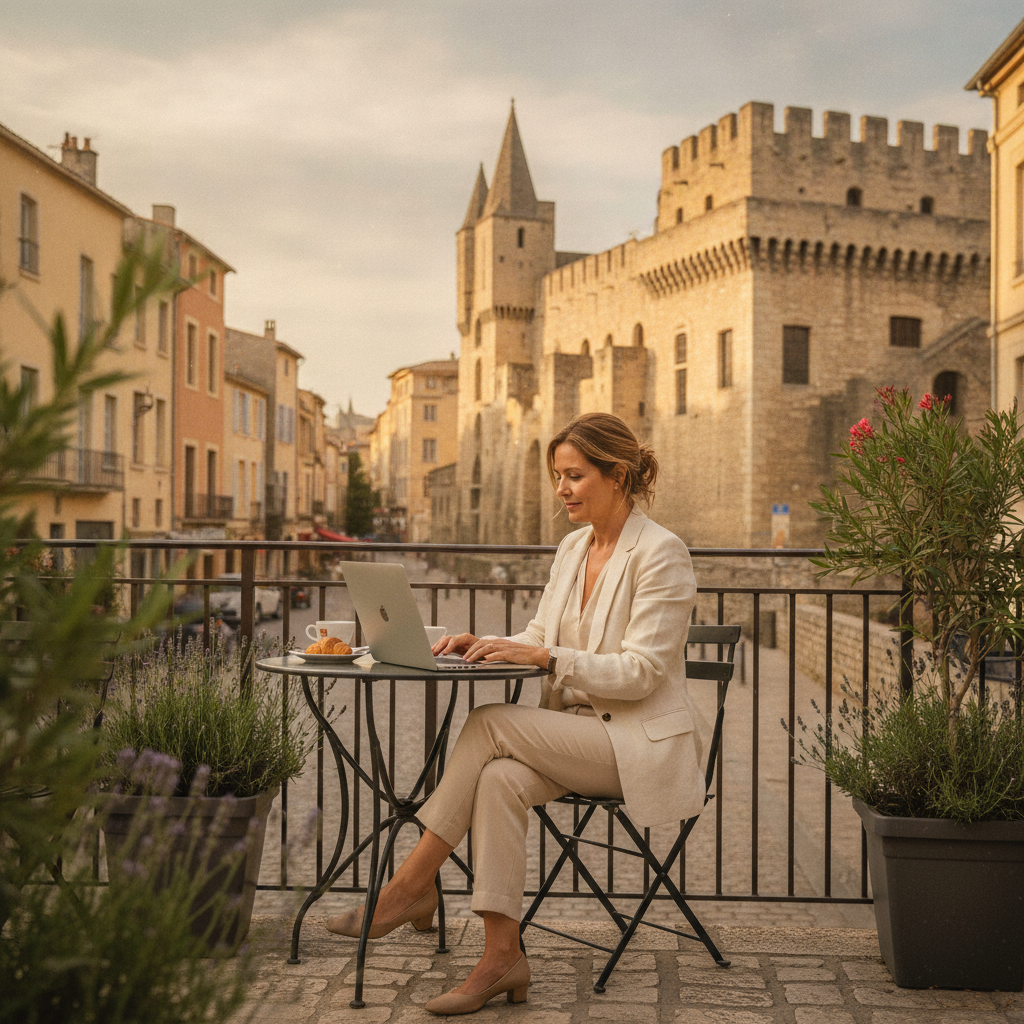 Femme travaillant sur ordinateur extérieur Avignon Palais des Papes.