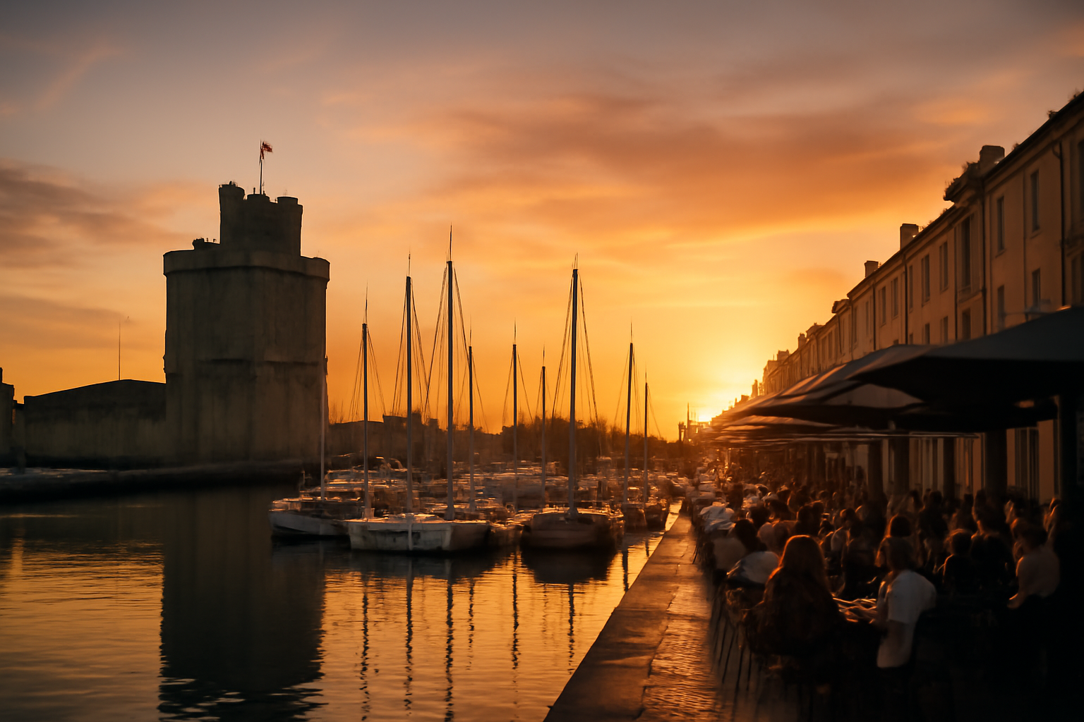 Vieux Port de La Rochelle au coucher du soleil, voiliers et tour.