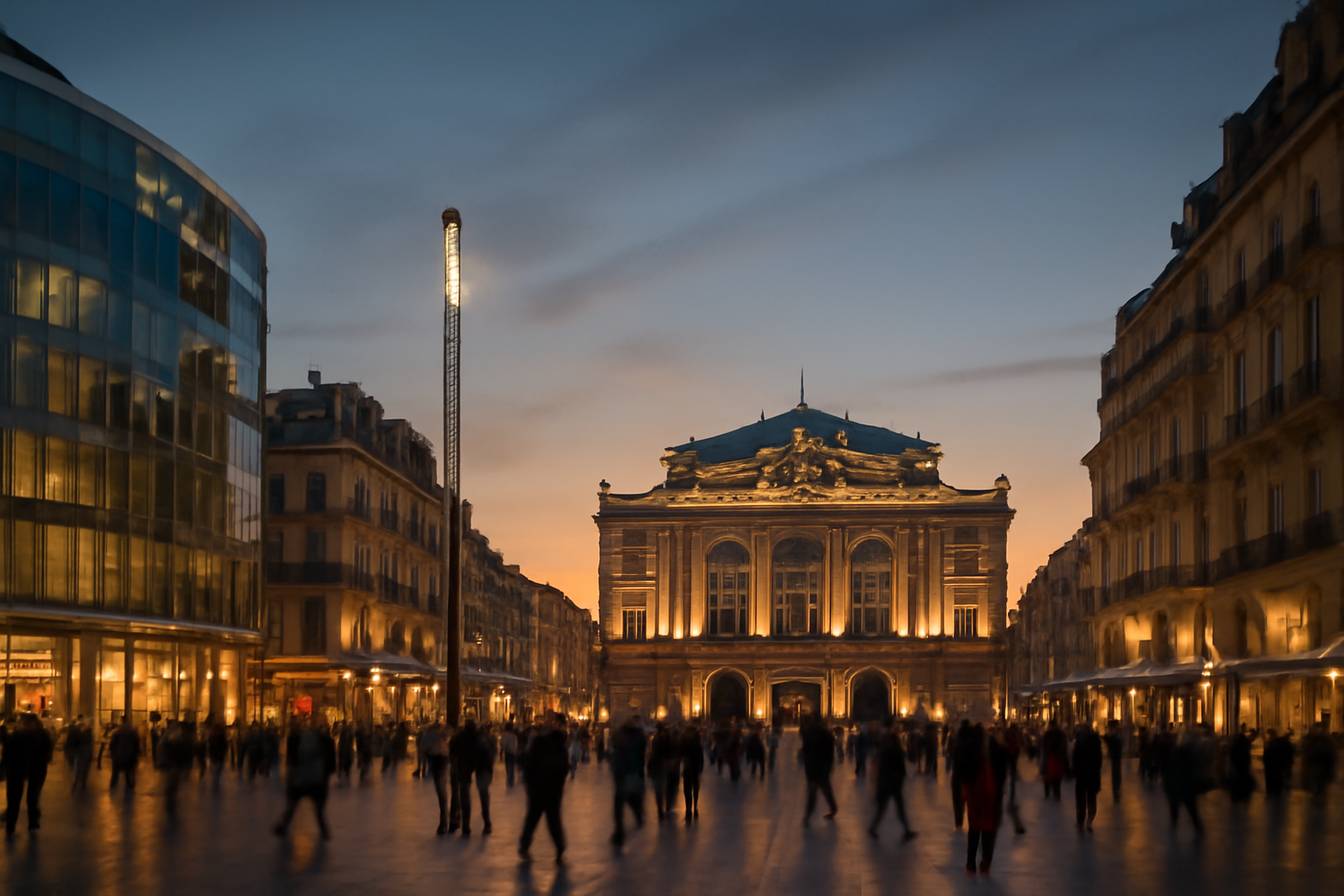 Place de la Comédie à Montpellier au crépuscule