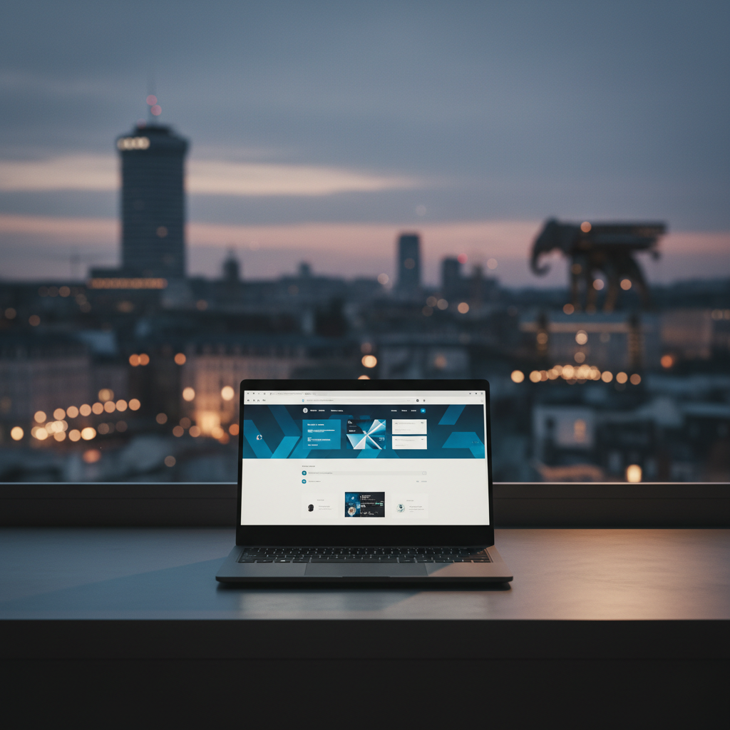 Ordinateur portable avec site web design et vue de Nantes en arrière-plan.