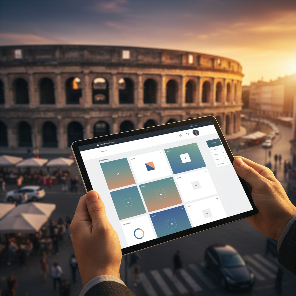 Un site web professionnel affiché sur tablette avec en arrière-plan les Arènes de Nîmes au coucher du soleil.