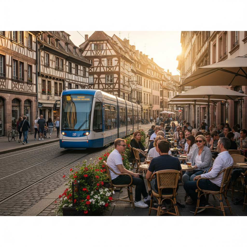 Rue typique de Strasbourg avec maisons à colombages et tramway.