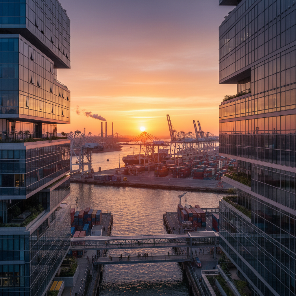 Vue panoramique du port du Havre au coucher du soleil.