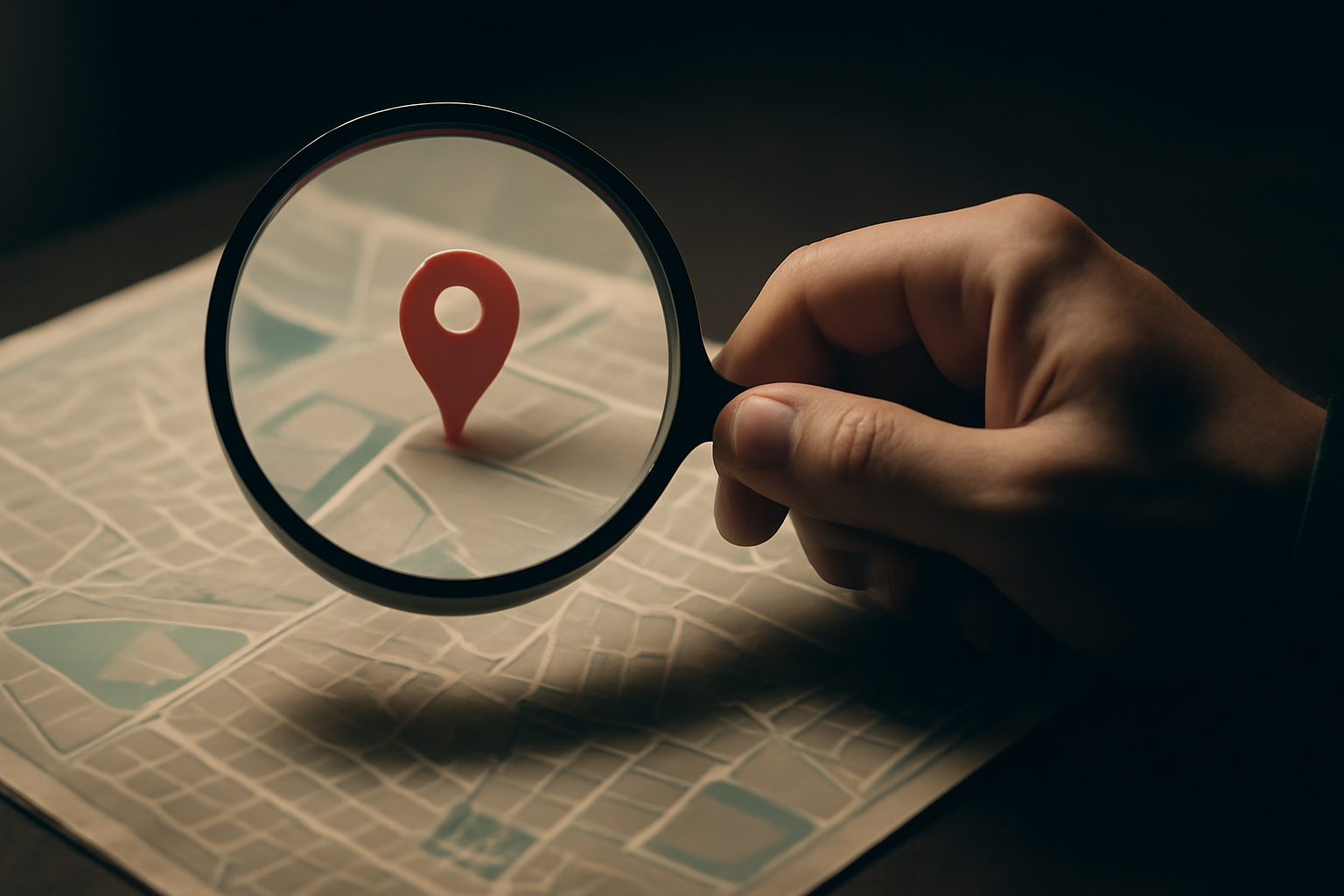 Illustration d'une main tenant une loupe au-dessus d'une carte locale, symbolisant la recherche de prospects.