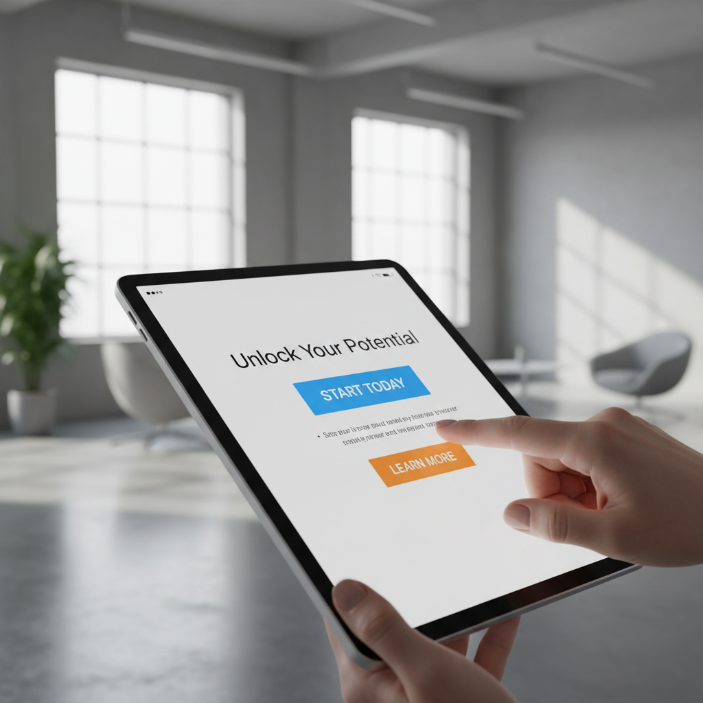 Une main pointant vers un écran de tablette affichant une page de vente.